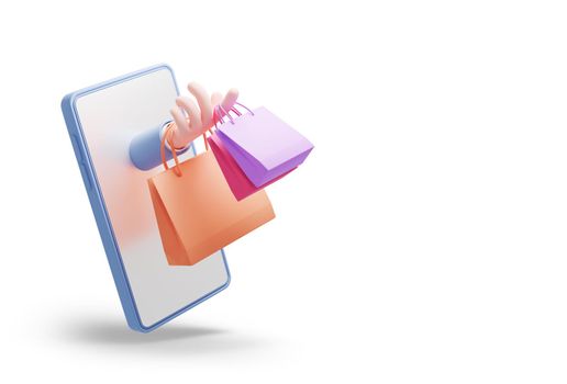Online shopping concept design of hand holding colorful paper bags coming out from mobile phone isolated on white background with copy space 3D render