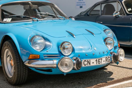 DIEPPE, FRANCE - JUNE 30, 2018: Alpine car blue modele 110 Berlinette V85 on the exposition Vintage and classic Cars.