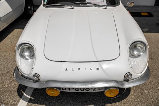 DIEPPE, FRANCE - JUNE 30, 2018: Renault Alpine car blue modele 110 Berlinette V85 on the exposition Vintage and classic Cars.