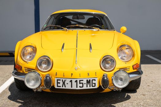 DIEPPE, FRANCE - JUNE 30, 2018: Renault Alpine car blue modele 110 Berlinette V85 on the exposition Vintage and classic Cars.