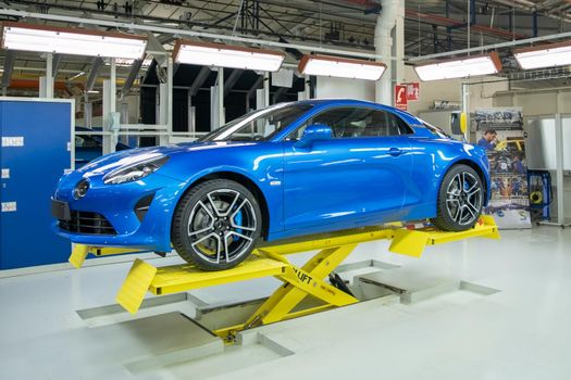 DIEPPE, FRANCE - JUNE 30, 2018: The new model of the sports car Alpine A110 is exhibited at the factory