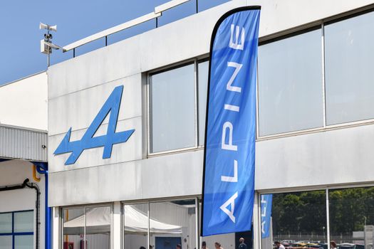 DIEPPE, FRANCE - JUNE 30, 2018: Banner signboard on the Alpine factory ALPINE