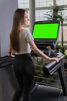 Young indoors treadmill length woman profile full exercise people, from fitness healthy for health from training sporty, sportswoman together. Jogging run slim, friends