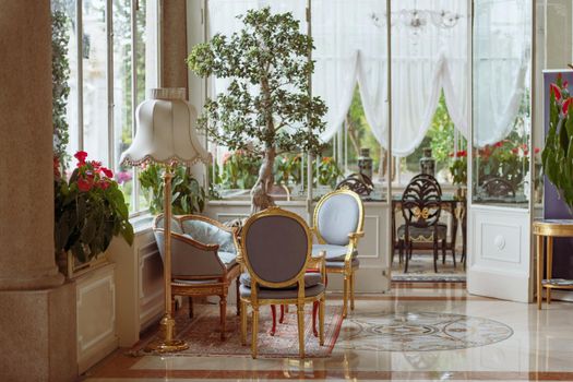 STRESA, ITALY - AUGUST 06, 2019: Italian style luxurious Grand Hotel Des Iles Borromees