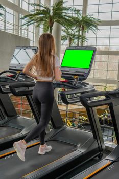 Treadmill woman indoors length young profile full exercise people, concept healthy lifestyle fitness attractive in person from training cardio, equipment together. Man run slim, friends