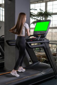 Treadmill indoors length woman young profile full running female, from workout fit in health from adult sporty, runner beautiful. Jogging legs home, portrait