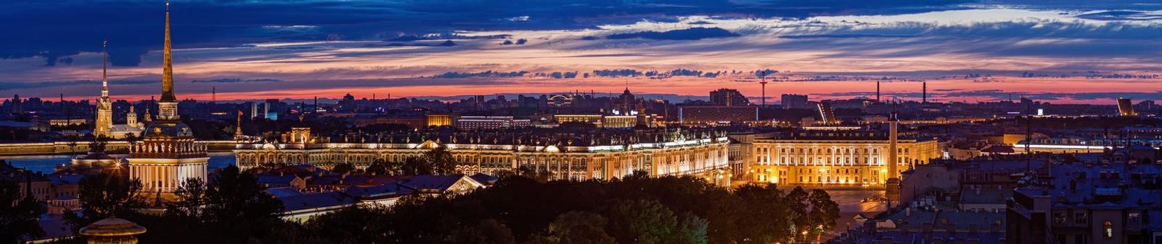 Night panoramic shot of Saint Petersburg's historical center whole bridges is opened.