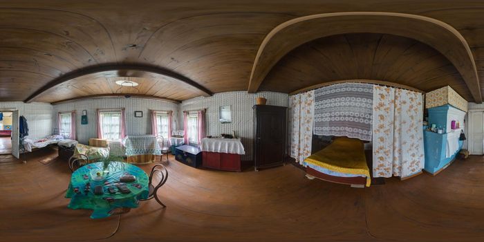 Full spherical panorama in equirectangular projection oа old wooden house room in Karelia.
