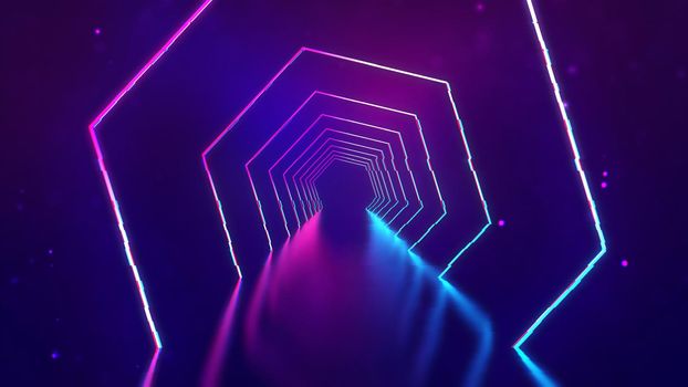 Room with neon lights. Ultraviolet abstract background with neon corridor. 3d technology background. Color illuminated interior with led rays and lasers futuristic.