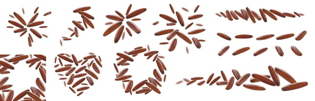 A set of photos. Raw brown rice levitates on a white background.