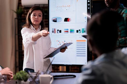 Caucasian business woman holding clipboard pointing at coworker asking question about sales performance in late night meeting. Startup owner in front of wall screen tv with analytics talking to team.