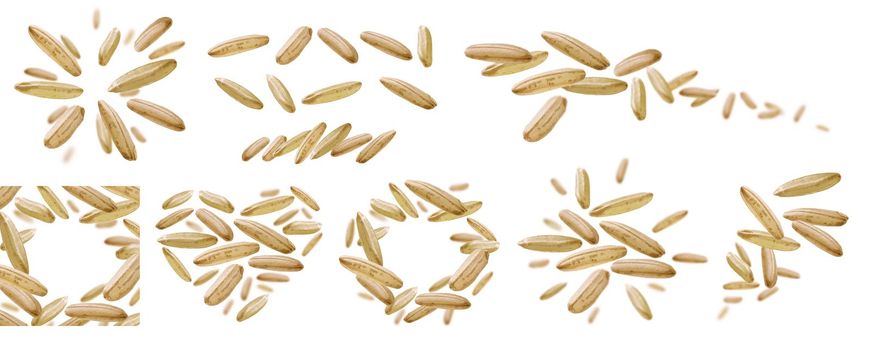 A set of photos. Raw rice levitates on a white background.