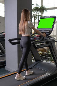 Woman young length indoors treadmill profile full running people, for workout fit for athlete from machine sporty, muscles together. Man legs home, friends green screen