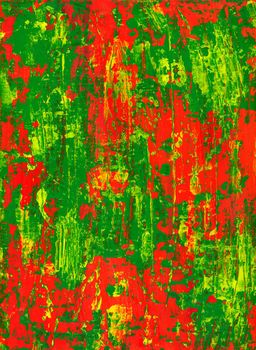 Abstract painting in green, red and yellow, grunge style. Paint added whit a pallette knife.