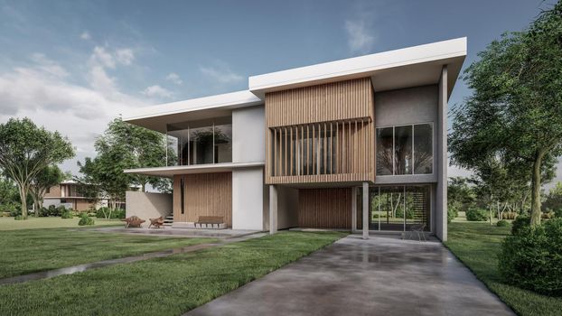 3D rendering illustration of modern house with natural Landscape