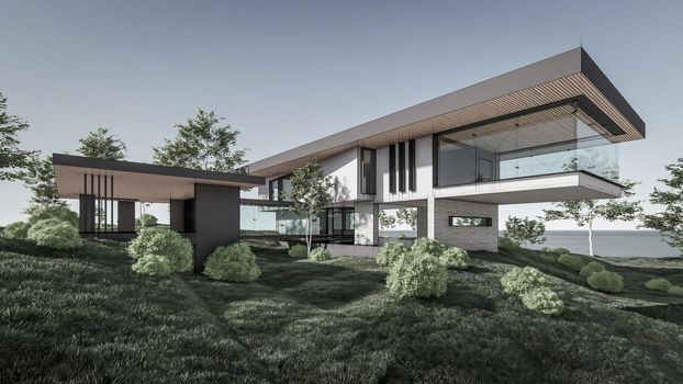 3D rendering illustration of modern house with natural Landscape