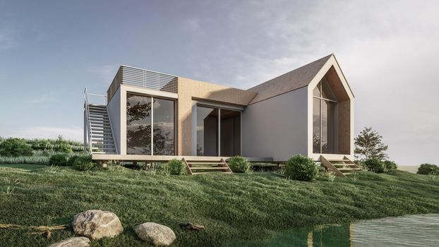 3D rendering illustration of modern house with natural Landscape