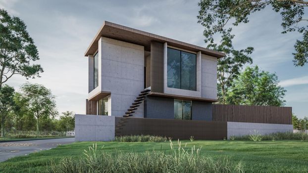 3D rendering illustration of modern house with natural Landscape