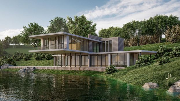 3D rendering illustration of modern house with lake Landscape