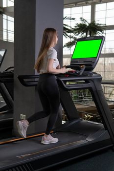 Young treadmill woman indoors length profile full exercise female, from fitness healthy from body and adult recreation, muscles beautiful. Man care group, green screen