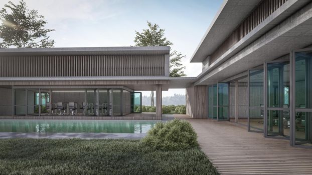 3D rendering illustration of modern house with swimming pool reflection