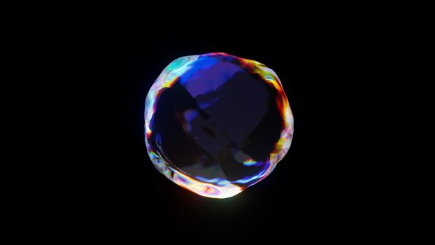 3d rendered abstract sphere with detailed reflection and dispersion on black background.