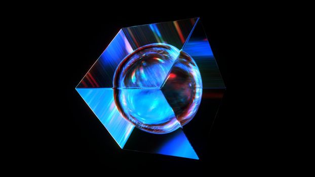 3d rendered abstract glass cube with sphere inside. Detailed reflection and dispersion