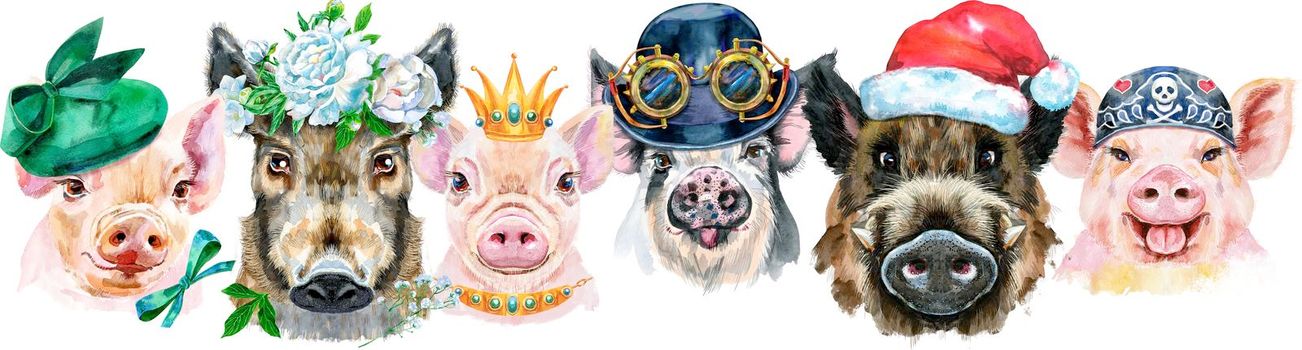 Cute border from watercolor portraits of pigs. Watercolor illustration of pigs in wreath of peonies, Santa hat, golden crown, bandana and bowler with steampunk glasses