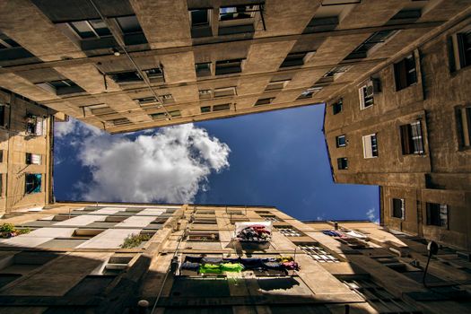 Buildings view from below from an interior yard in Huesca