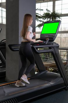 Treadmill indoors length woman young profile full running sport, concept healthy lifestyle lifestyle fit in person for machine sporty, muscles athletic. Jogging legs group,