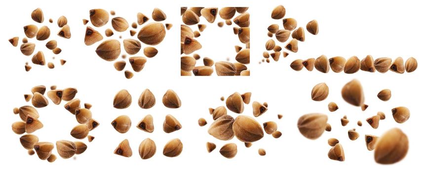 A set of photos. Ripe buckwheat grains levitate on a white background.