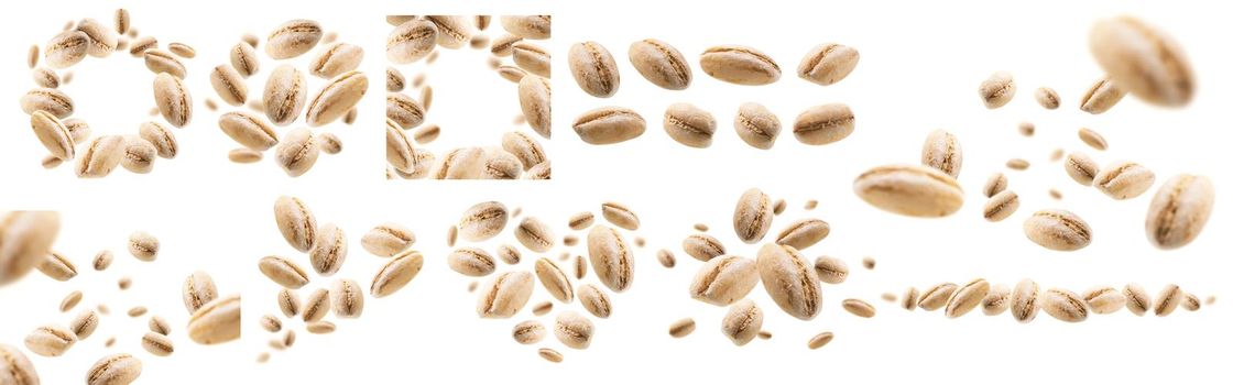 A set of photos. Pearl barley levitates on a white background.