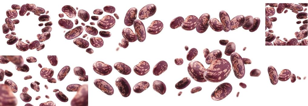 A set of photos. Red beans levitate on a white background.