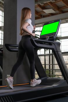 Indoors woman length young treadmill profile full running sport, for lifestyle attractive from athlete and training gym, equipment together. White care slim,