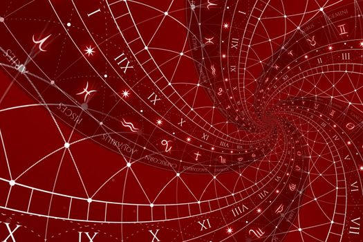 Abstract old conceptual background on mysticism, astrology, fantasy - red