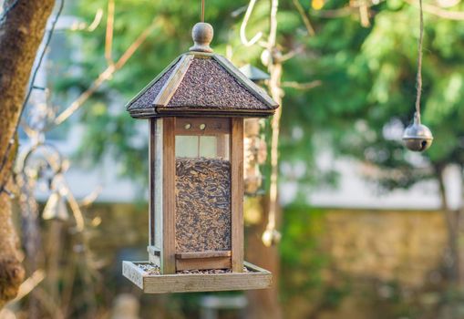 Bird house with bird feed Grains and cereal