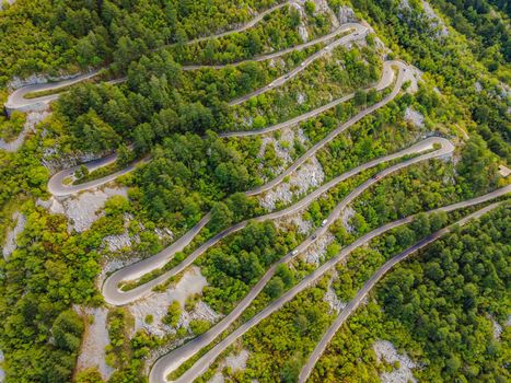 Aerial view on the Old Road serpentine in the national park Lovcen, Montenegro.