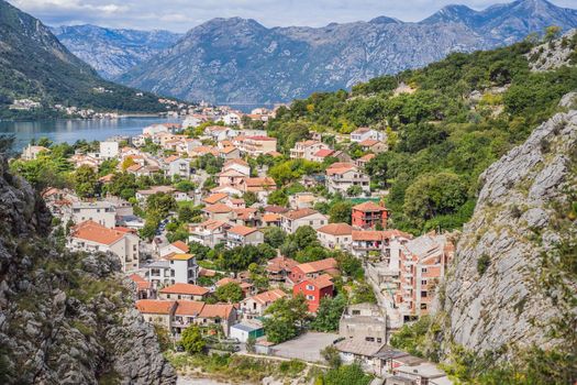 Montenegro. Bay of Kotor, Gulf of Kotor, Boka Kotorska and walled old city. Fortifications of Kotor is on UNESCO World Heritage List since 1979.