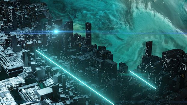 3d illustration - alien sci-fi city with optical flares