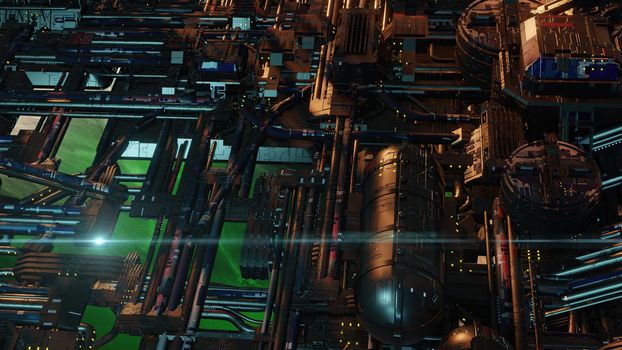 3d illustration - alien sci-fi city with optical flares