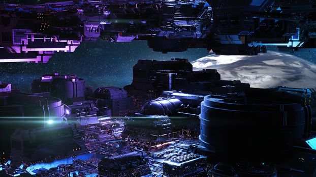 3d illustration - alien sci-fi city with optical flares