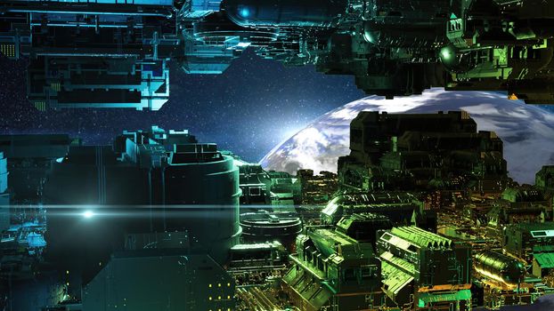 3d illustration - alien sci-fi city with optical flares