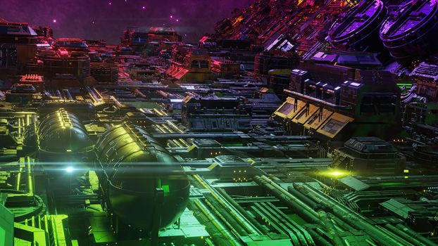 3d illustration - alien sci-fi city with optical flares