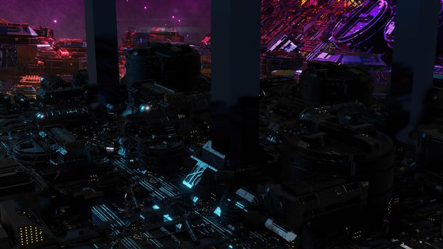 3d illustration - alien sci-fi city with optical flares