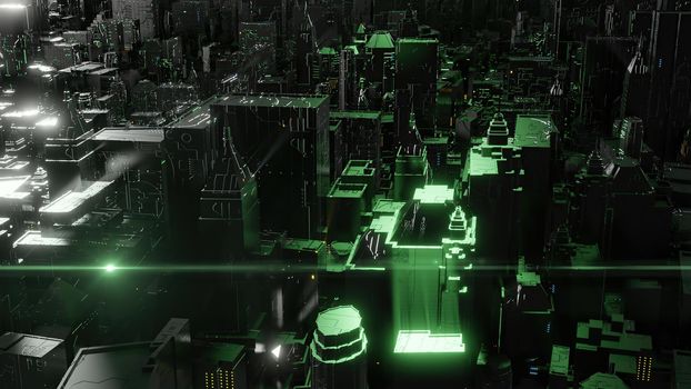 3d illustration - alien sci-fi city with optical flares