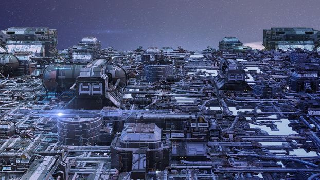 3d illustration - alien sci-fi city with optical flares