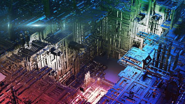 3d illustration - alien sci-fi city with optical flares