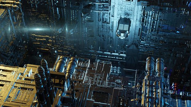 3d illustration - alien sci-fi city with optical flares