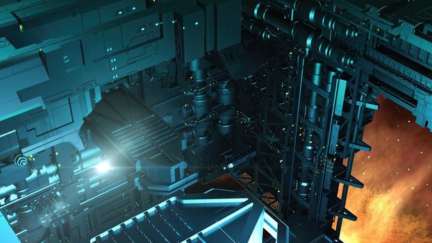 3d illustration - alien sci-fi city with optical flares