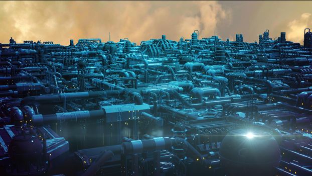 3d illustration - alien sci-fi city with optical flares